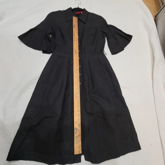 Oscar De La Renta Linen Blend Black Dress Button Front Flare 3/4 Sleeve Size 4 - Picture 16 of 16